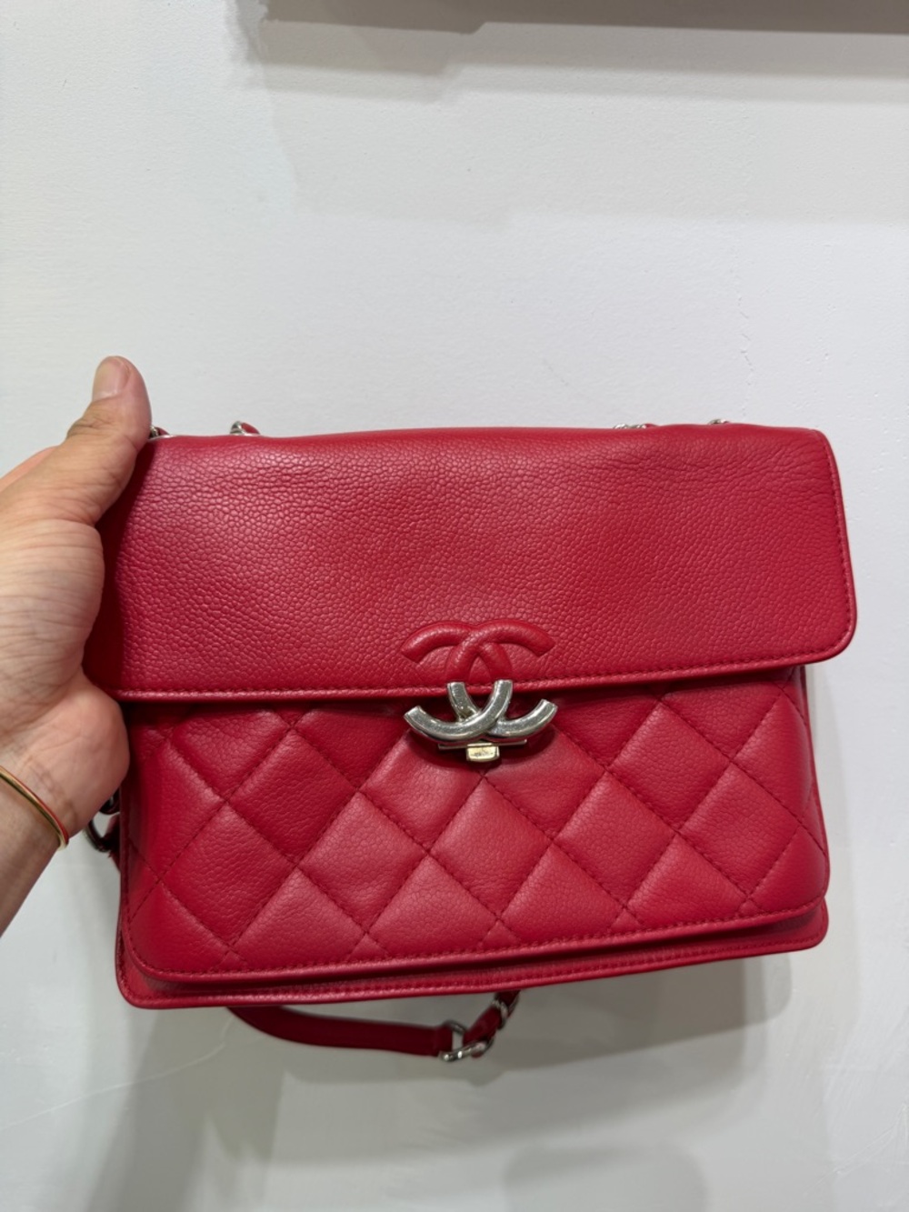 CHANEL Red Quilted Leather Shoulder Bag with Silver Hardware
